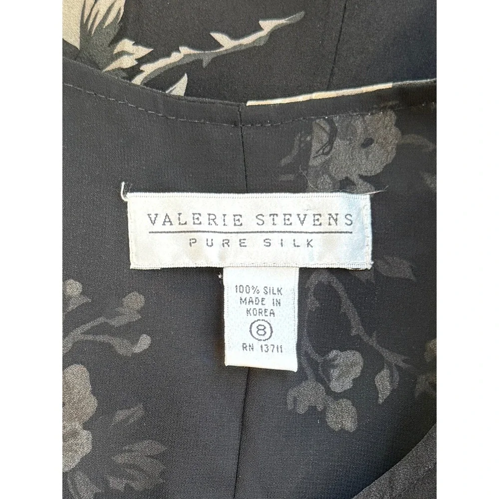 Vintage 90s Valerie Stevens Pure Silk Black Floral Mini Dress Button Front 8 - Picture 5 of 8
